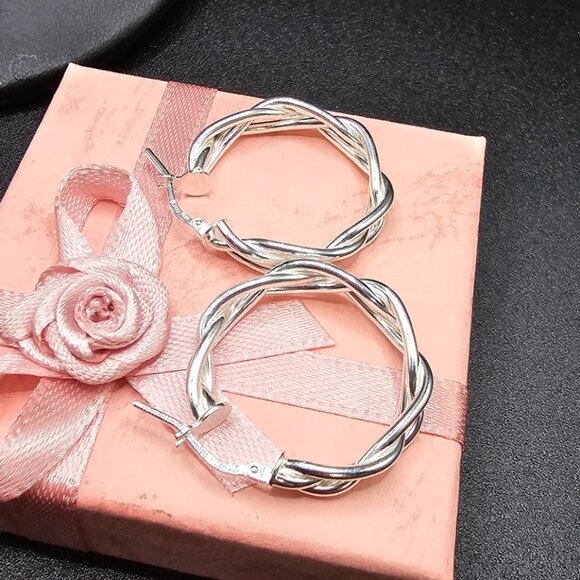 Sterling Silver 925 High Polished Weave Hoop Earrings Inner 21mm - Picture 4 of 10